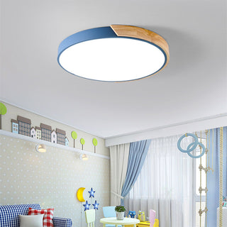 Dimmable round wood LED ceiling lamp illuminated, modern