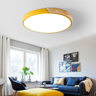 Round wood dimmable LED ceiling light, modern flush mount