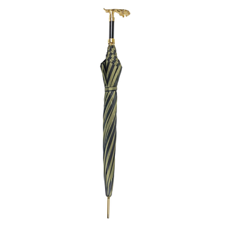 Black pinstripe gold jaguar handle luxury men's Italian umbrella close-up