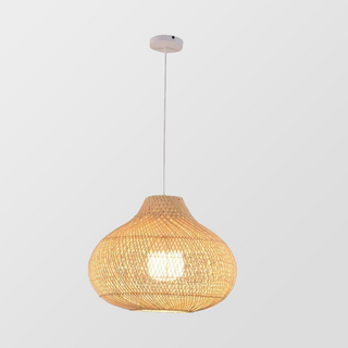 Boho rattan pendant from below — wood finish hanging lamp