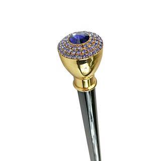 Gold plated tanzanite crystal black beechwood Italian luxury walking cane side view