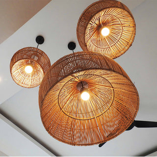 Boho rattan pendant close-up — handwoven kitchen hanging lamp