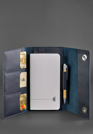 leather bound notebook a5 soft cover pen holder business card slots close-up