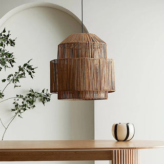 Boho rattan pendant close-up — natural woven hanging lamp