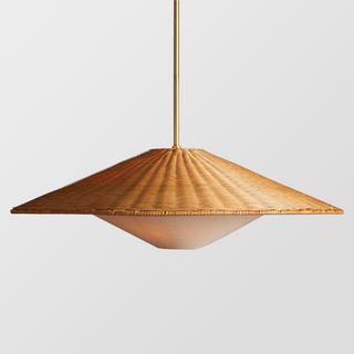 Rattan wood pendant casting warm patterned glow