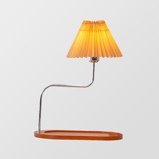 Wood umbrella table lamp close-up — retro pleated detail