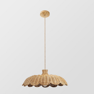 Rattan boho pendant over dining table — wood accent