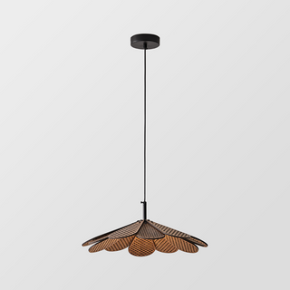 Adjustable boho pendant from below — rattan LED ceiling fixture