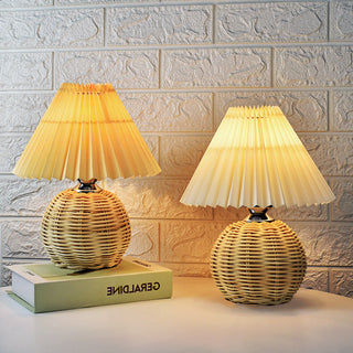 Bamboo table lamp close-up — woven natural texture detail