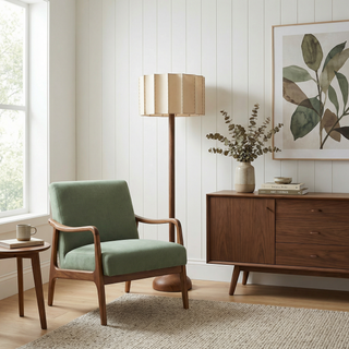 Wabi-Sabi Floor Lamp – Wooden Bamboo LED Light With Fabric Shade