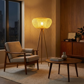 Rattan Floor Lamp – Bamboo & Black Metal Woven Wood Light for Living Room