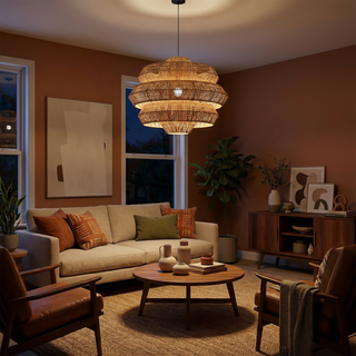 Woven Rattan Pendant Light – Handwoven Shade Dining Room Lamp with Adjustable Cable