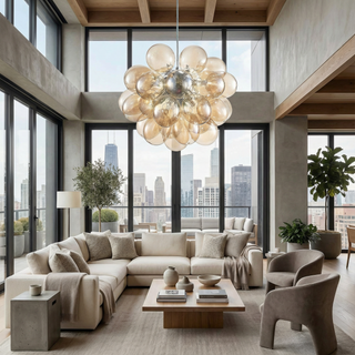 Blown Glass Chandelier – Modern Beige Glass Light With Adjustable Chain