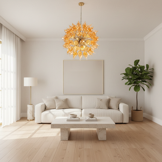 Orange sputnik chandelier side view — amber glass ceiling light
