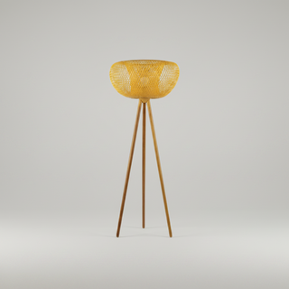 Rattan Floor Lamp – Bamboo & Black Metal Woven Wood Light for Living Room