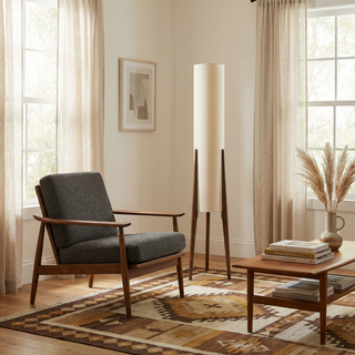 Nordic Wooden Floor Lamp – Scandinavian Standing Lamp with Fabric Shade for Living Room