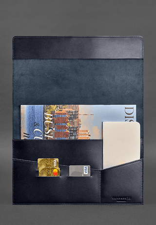 leather document folder handmade blue leather organizer magnetic closure side view