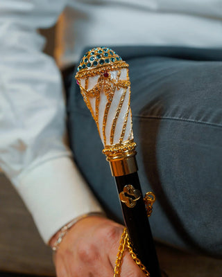 Gold Swarovski crystal black beechwood 24K brass tip Italian luxury walking cane close-up