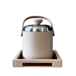 luxury leather ice bucket double wall stainless steel patented tong holder front view