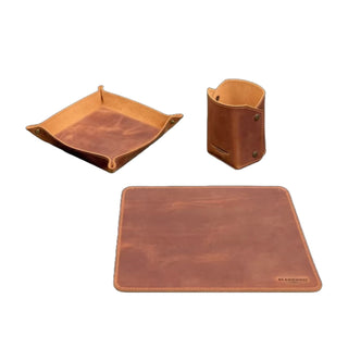 leather light brown desk organizer mat pen holder set front view