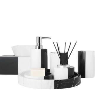 black white split design marble luxury bathroom accessories set lifestyle view