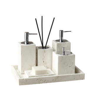 Travertine Bathroom Set – Durable Stone Decor | Soap Dispenser & Toothbrush Holder