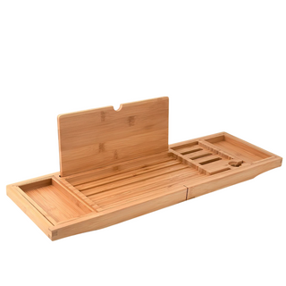 adjustable wooden bathtub caddy bath tray tablet holder soap dish front view
