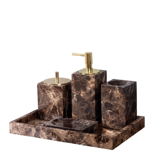 dark brown marble luxury bathroom set soap dispenser accessories front view