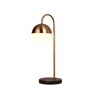 Brass arc table lamp sphere — radiant orb warm ambient glow