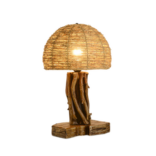 Wooden base woven shade lamp — rustic designer front view