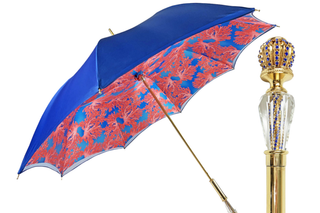 Luxury blue umbrella coral interior gold handle front view