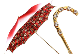 Red flowered luxury umbrella Swarovski crystal handle front
