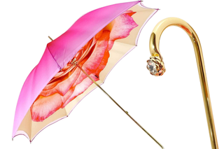 Pink elegant luxury umbrella rose pattern Swarovski handle front