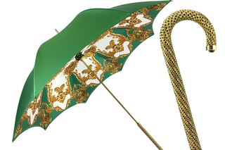 Green women's luxury umbrella emerald rhinestones gold handle front