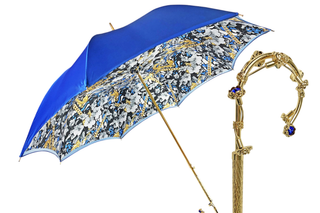 Luxury blue handmade double canopy umbrella gold handle front