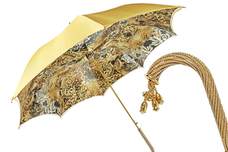 Golden satin double canopy umbrella Swarovski handle front