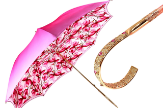 Fuchsia pink floral double canopy umbrella gold handle front