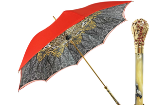 Red satin crown luxury umbrella 24K gold handle front view