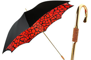 Black satin giraffe luxury umbrella red 24K gold handle front