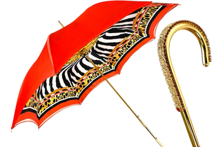Red leopard double cloth luxury umbrella gold handle front view