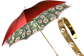 Luxury flowered satin umbrella pearl handle front view