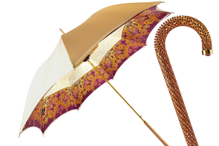 Cream double fabric luxury umbrella gold jeweled handle front view