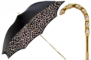 Black white plaid double canopy umbrella gold handle front view