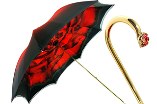 Red double canopy luxury umbrella Swarovski crystal handle front