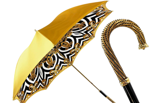 Yellow gold satin double canopy umbrella gold handle front view