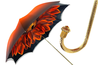 Orange satin double canopy luxury umbrella gold handle front