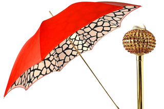 Red satin giraffe print luxury umbrella 24K gold handle front view