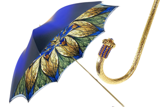 Luxurious blue double canopy Italian umbrella – Swarovski handle front