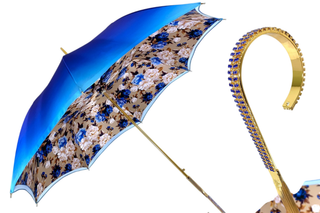 Blue roses luxury umbrella with 24K gold sapphire handle front view