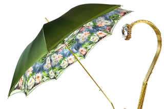 Italian luxury green floral double canopy umbrella – Swarovski handle front